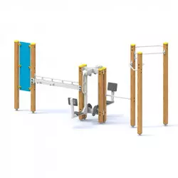 Station de fitness bois et acier pour seniors avec agrès de motricité et étirements.