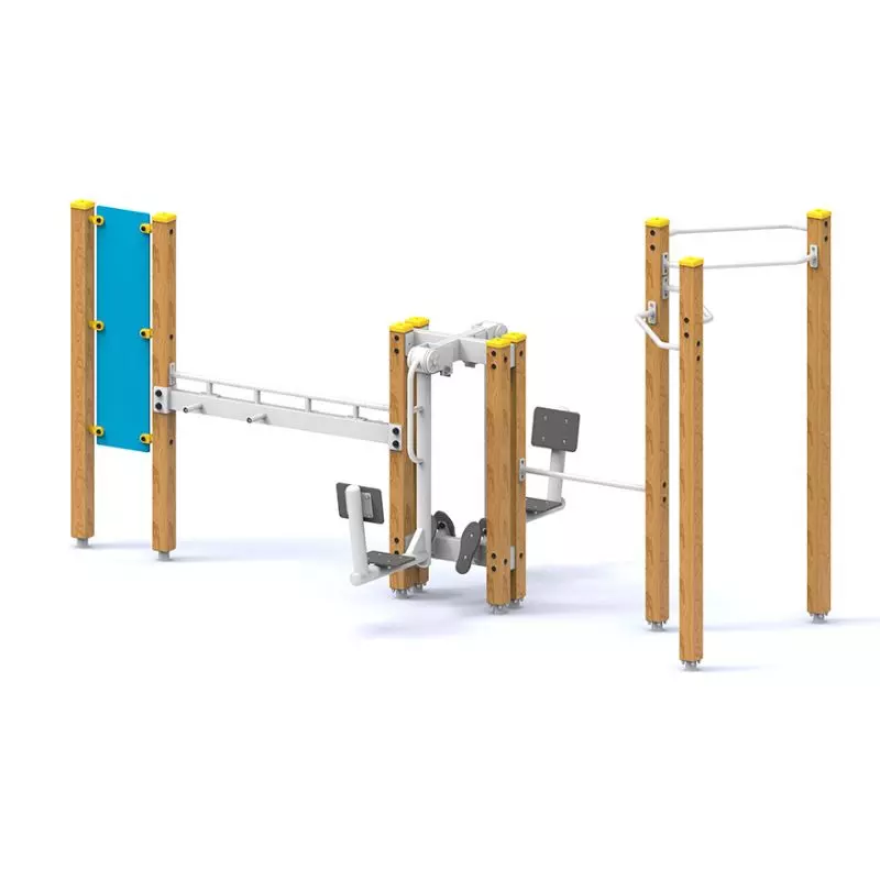 Station de fitness bois et acier pour seniors avec agrès de motricité et étirements.