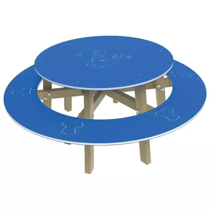 Table de pique nique pour enfant en acier et PEHD bleu gravé