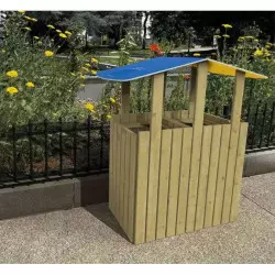 Poubelle en bois de tri 2 bacs dans un jardin public