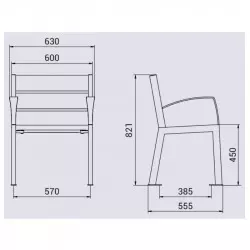 Dimensions du siège urbain en acier et 6 lames bois