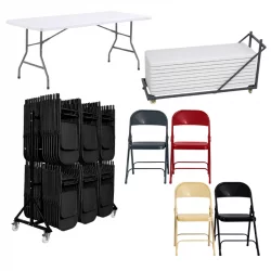 20 tables 183x76 cm + 120 chaises pliantes et 3 chariots