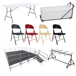 Lot de mobilier événementiel - table chaise chariot et podium