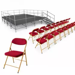 Lot de chaises pliantes en velours rouge et podium modulable