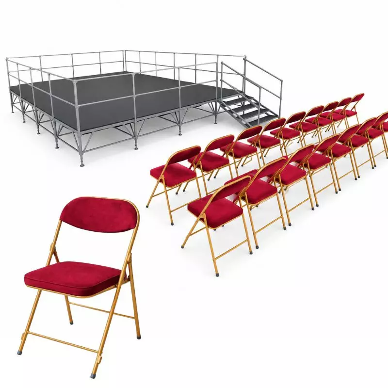 Lot de chaises pliantes en velours rouge et podium modulable