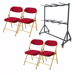Lot de 60 chaises pliantes en velours rouge et chariot de transport