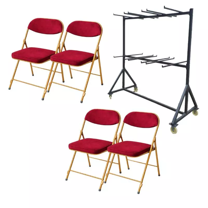 Lot de 60 chaises pliantes en velours rouge et chariot de transport