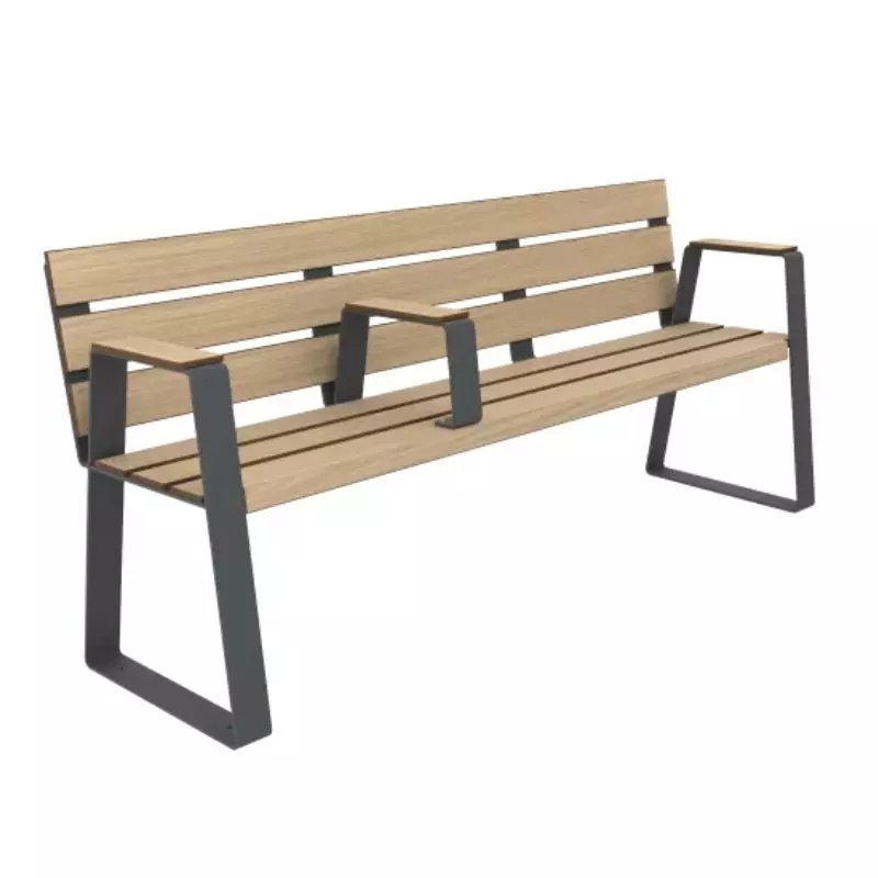 Banc avec 3 accoudoirs pour séniors en lames de HPL chêne clair