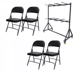 Lot de 60 chaises pliantes noir en vinyle et chariot de transport