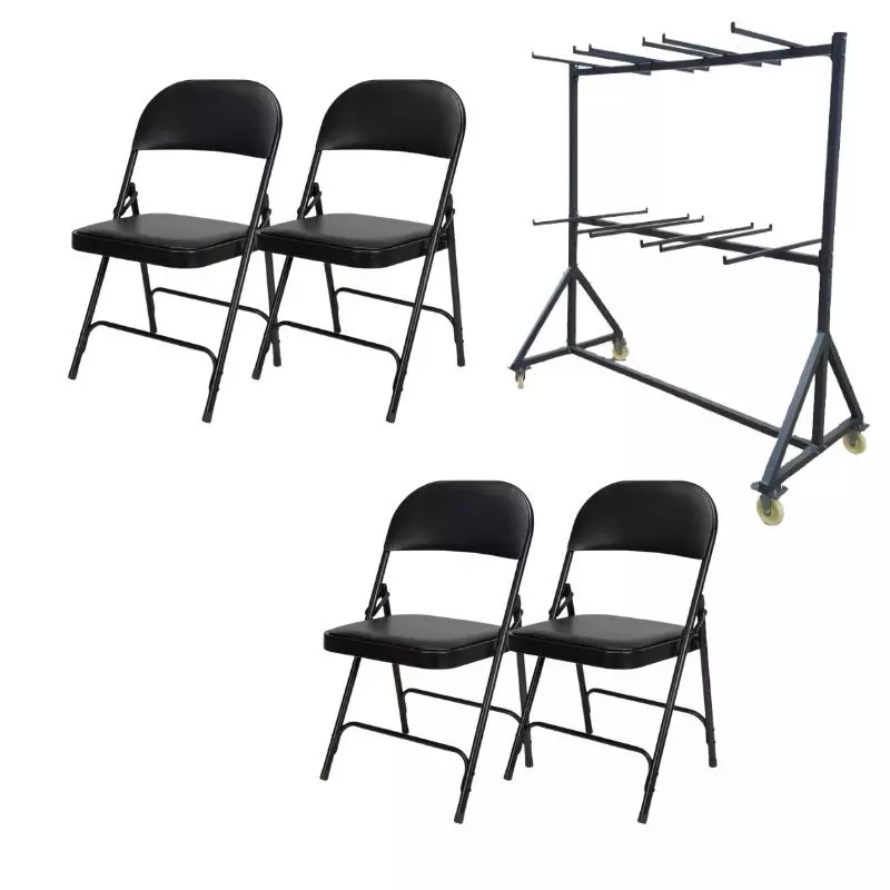 Lot de 60 chaises pliantes noir en vinyle et chariot de transport