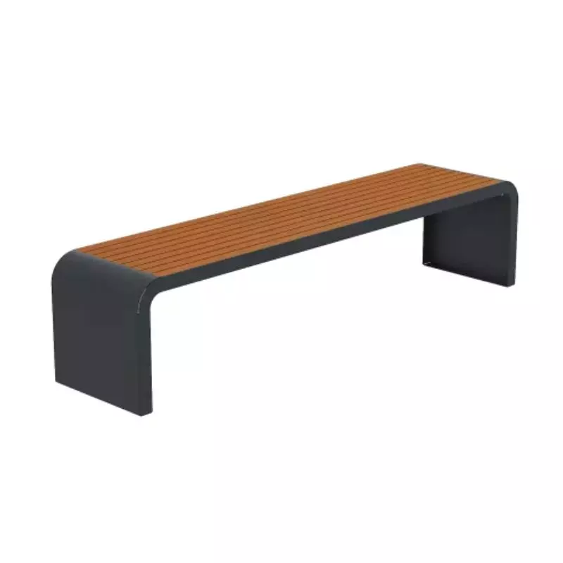 Banquette publique en acier et HPL effet lames aspect teck
