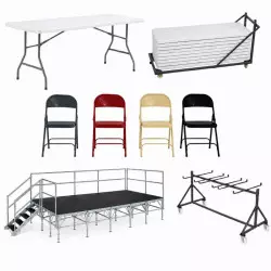 Lot de mobilier événementiel - table chaise chariot et podium Lot de mobilier événementiel - table chaise chariot et podium