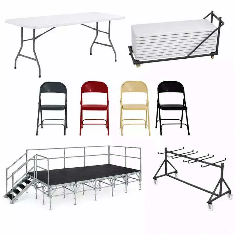 Lot de mobilier événementiel - table chaise chariot et podium