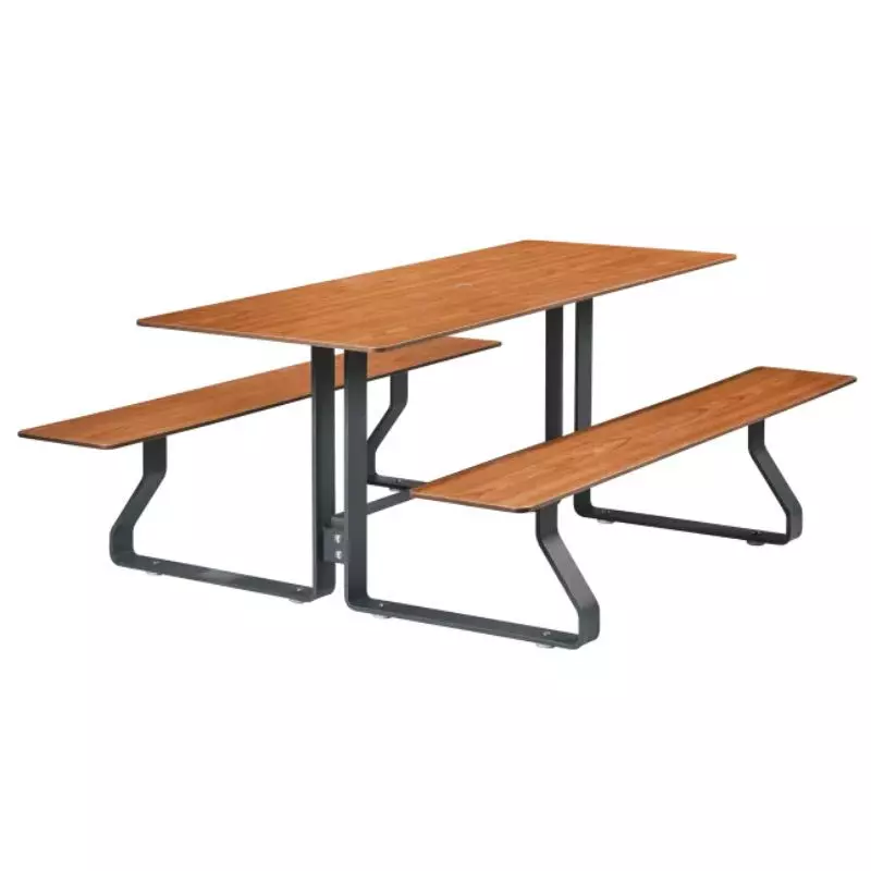 Table pique-nique en HPL plein avec bancs, finition teck