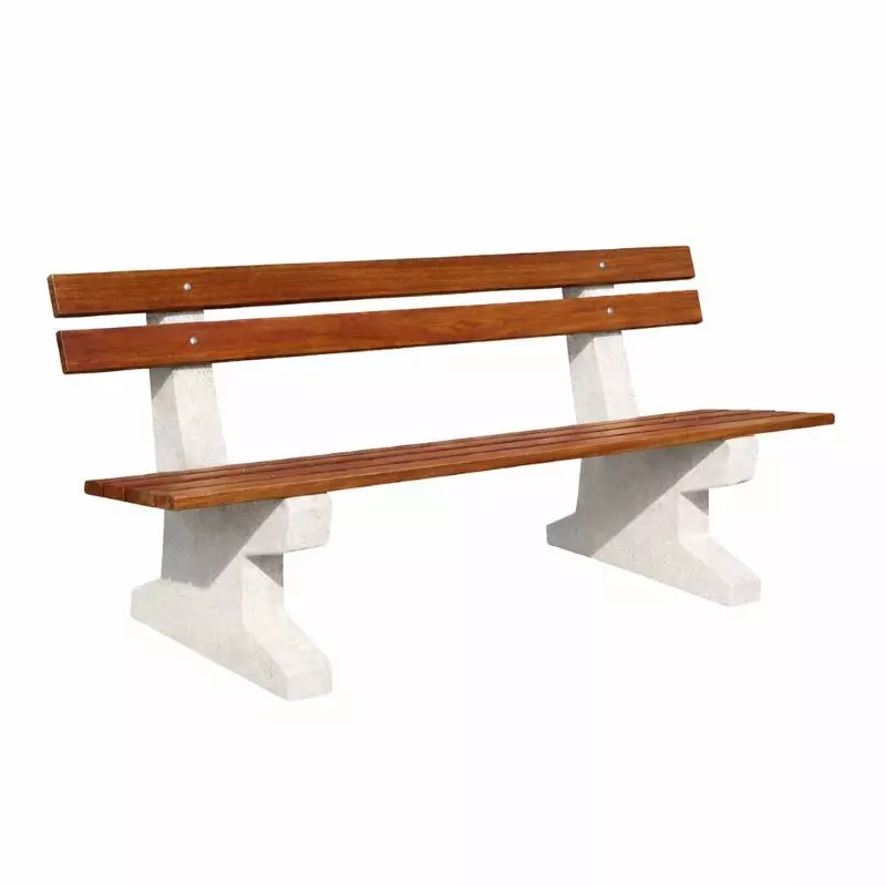 Banc public avec structure en béton et assise/dossier en bois