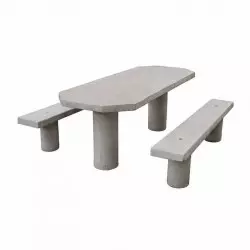 Table de piquenique en béton avec plateau ovale et 2 bancs