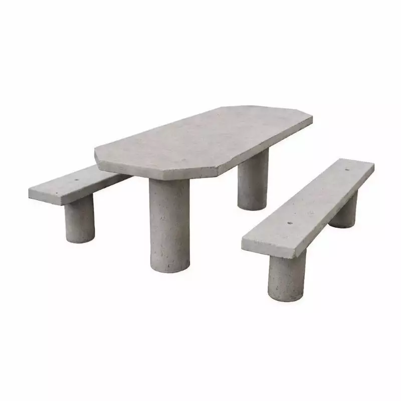 Table de piquenique en béton avec plateau ovale et 2 bancs