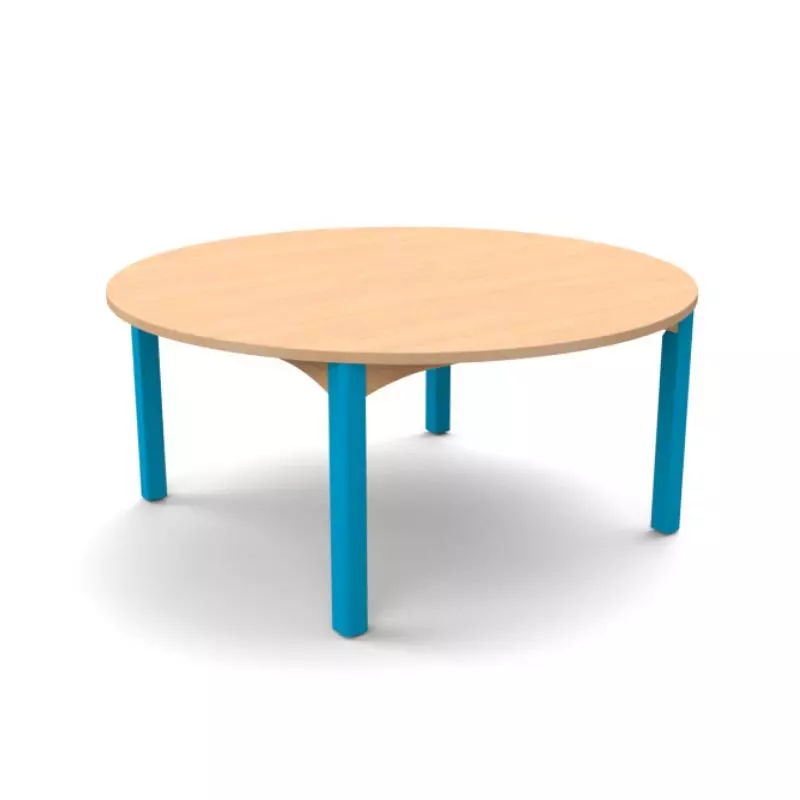 Table ronde scolaire piétement bleu plateau hêtre