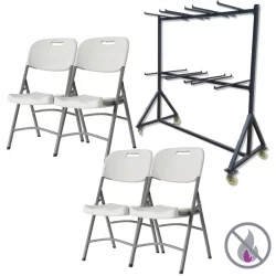 Lot de 52 chaises pliantes polypro blanche et un chariot de transport