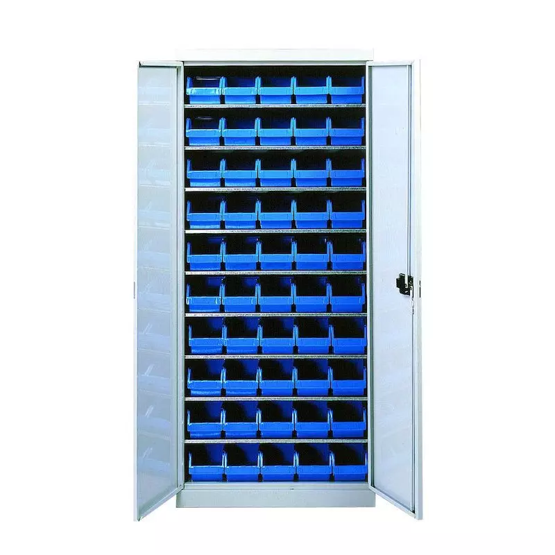 Armoire 9 tablettes équipée de bacs bleus 2L