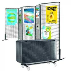Lot de Grilles d'affichage en acier et chariot de transport