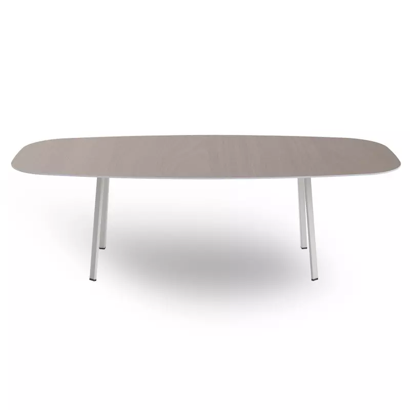 Table en aluminium avec plateau forme tonneau en HPL