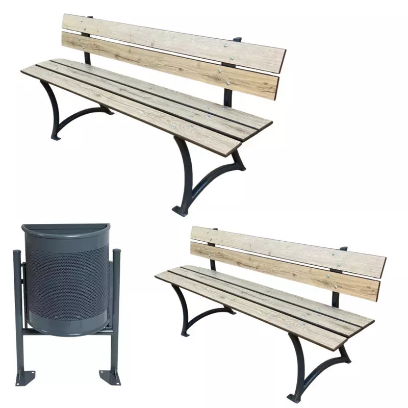 Pack complet - 2 bancs publics HPL + 1 corbeille demi-ronde acier