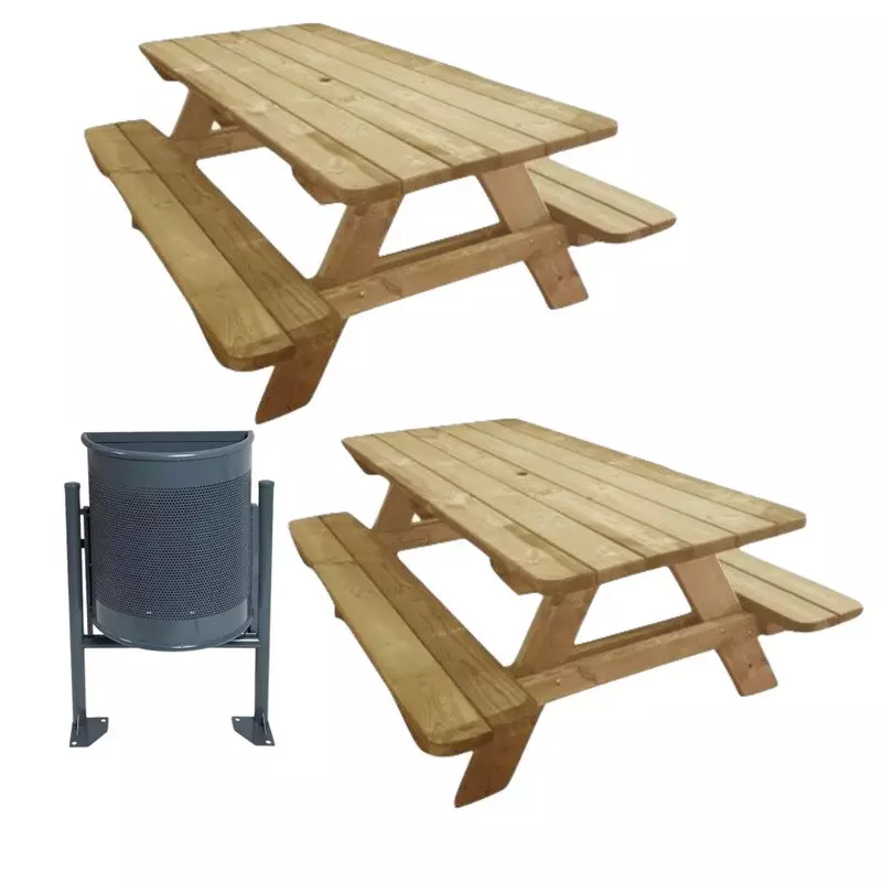 Pack complet - 2 tables pique-nique en bois + 1 corbeille OFFERTE