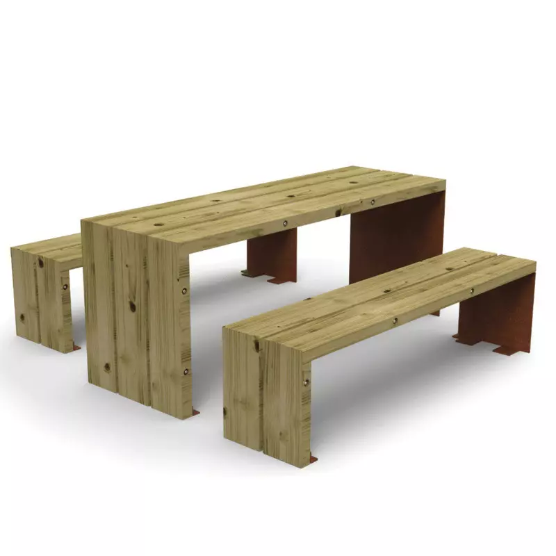 Table pique-nique moderne en bois et acier Corten