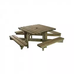 Table en bois pique-nique carrée avec 4 bancs intégrés
