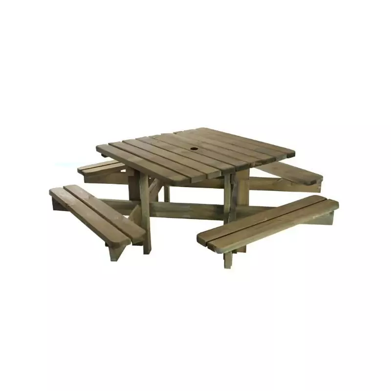 Table en bois pique-nique carrée avec 4 bancs intégrés