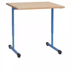 Table scolaire pour maternelle réglable en hauteur, piétement bleu, plateau champagne