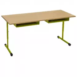 Table pour école maternelle avec casiers, réglable en hauteur, piétement vert anis