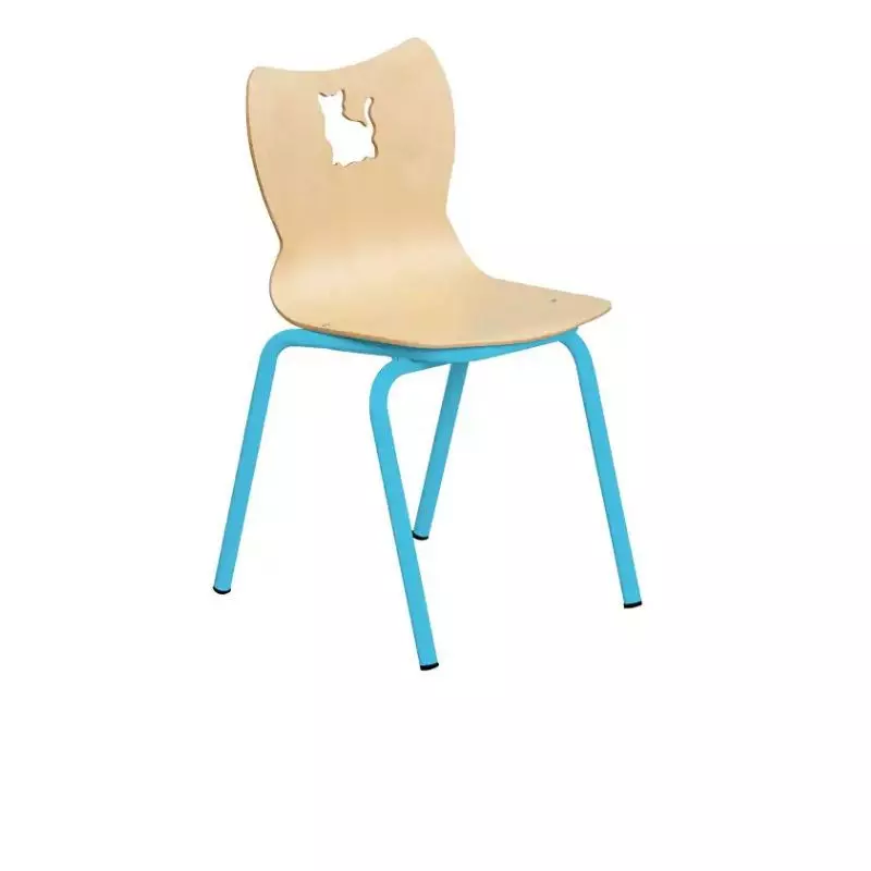 Chaise coque pour maternelle motif "chat" piétement bleu clair