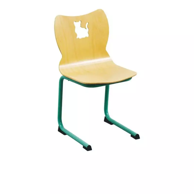 Chaise d'école maternelle à appui sur table, assise coque multiplis piétement luge acier vert