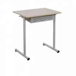 Table scolaire 1 place plateau mélaminé, structure acier gris, avec casier