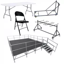 Lot de mobilier événementiel - table chaise chariot et podium