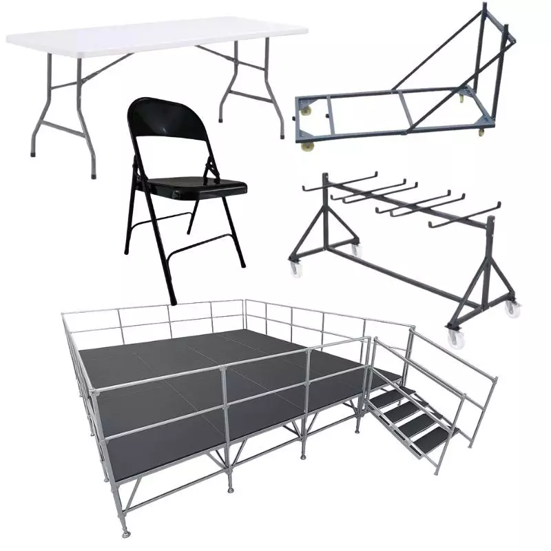 Lot de mobilier événementiel - table chaise chariot et podium